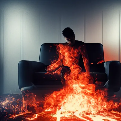 Prompt: man covered in flames sits on the couch of his house, sad feeling, atmospheric, cgi render, photorealistic, 4 k