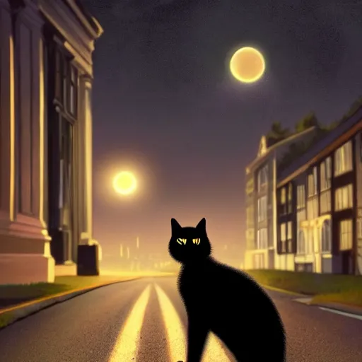 Image similar to a black cat in the middle of a road with streetlight at mid night with the moon in the back. Made by Jason Degraaf, Edward Hopper, Don Eddy. Hyper realistic, unreal 5, artstation, high detail.