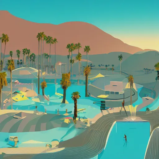 Image similar to a beautiful illustration of palm springs by James gilleard, artstation HD, geometric lines, HD, 4k, 8k