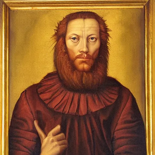 Image similar to a renaissance style portrait painting of lion human hybrid