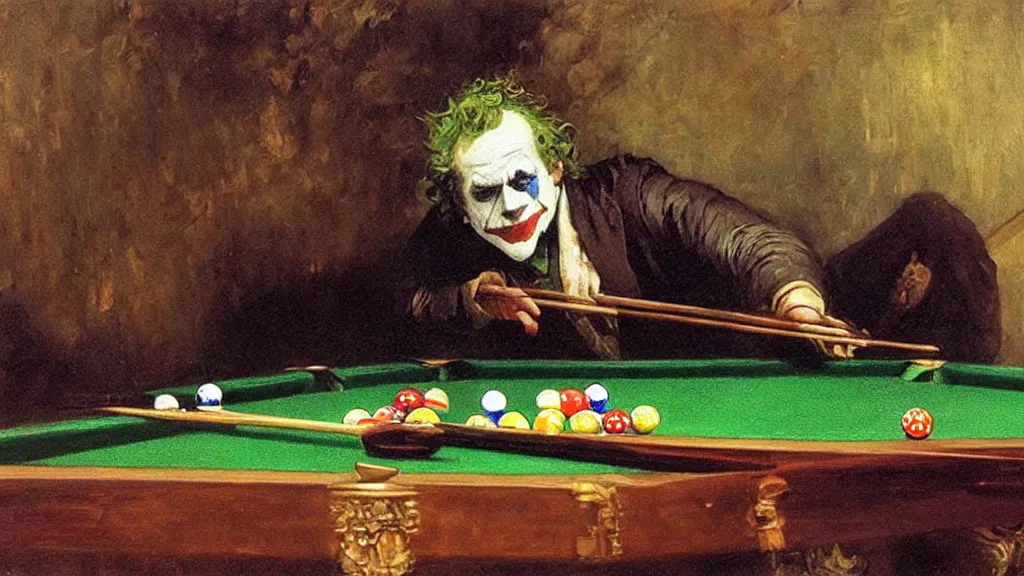 Image similar to high quality high detail painting by ilya repin, the joker playing pool hd