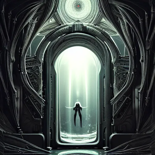 Image similar to majestic portal to another dimension, holly light and image of different time space, ethereal, sci fi, high detail, intricate, giger!, beautiful materials and reflections, photo realistic, 8 k