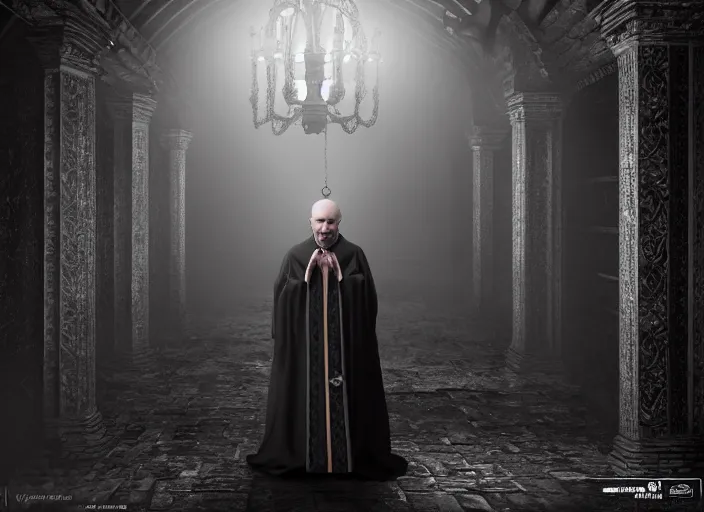 Image similar to a highly realistic and detailed full Priest standing in a dark dirty basement holding a rosary, wide angle 70mm lens, volumetric haze, front facing camera, symmetrical, photorealistic, insanely detailed and intricate, epic, hyper realistic, elegant, ornate, elite, horror, creepy, ominous, haunting, cinematic lighting, unreal engine, cinematic centered camera, high detail, no blur, unreal engine 8k