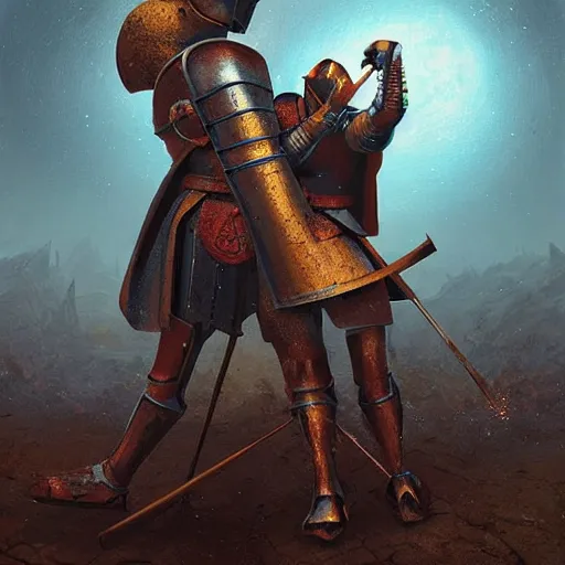 Image similar to digital painting of two medieval knights hugging each other in dispair while the universe is exploding, in a medieval village, stunning, surreal, cinematic lighting, concept art by greg rutkowski and simon stalenhag