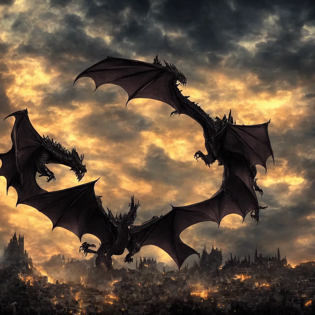Prompt: Fire-breathing black dragon in the sky above a midieval city, Landscape view, lord of the rings, 4k, cinematic lighting, cinematic composition