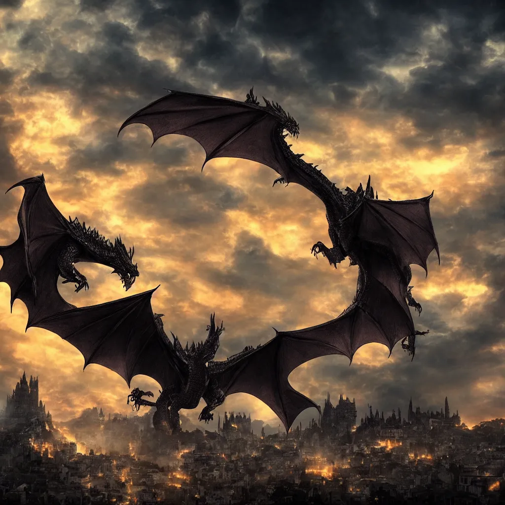 black dragon flying and breathing fire