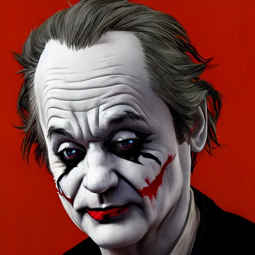 Image similar to bill murray as the joker, highly detailed vfx portrait, unreal engine, greg rutkowski, loish, rhads, caspar david friedrich, makoto shinkai and lois van baarle, ilya kuvshinov, rossdraws, elegent, tom bagshaw, alphonse mucha, global illumination, detailed and intricate environment.