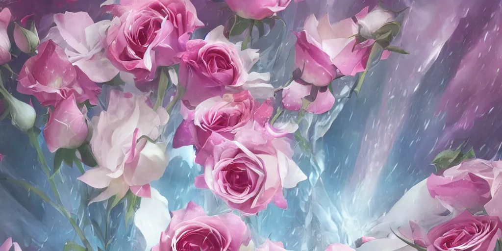 Image similar to magic invisible blade slicing through a bouquet of white and pink roses, flowers exploding and spraying, big puffy clouds, sharp rain, large rose petals, lotus petals, large polygonal background elements, large polygons, dramatic anime, dramatic lighting, artgerm, manga, trending on artstation, art nouveau, mature colors