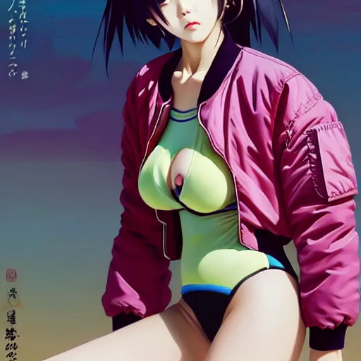 Image similar to a beautiful japanese lalisa alluring gravure model, wearing oversized designer bomber jacket and leotard, bulky poofy bomber jacket with mesoamerican patterns, mesoamerican native street fashion, gapmoe yandere grimdark, trending on pixiv fanbox, painted by greg rutkowski makoto shinkai takashi takeuchi studio ghibli, akihiko yoshida