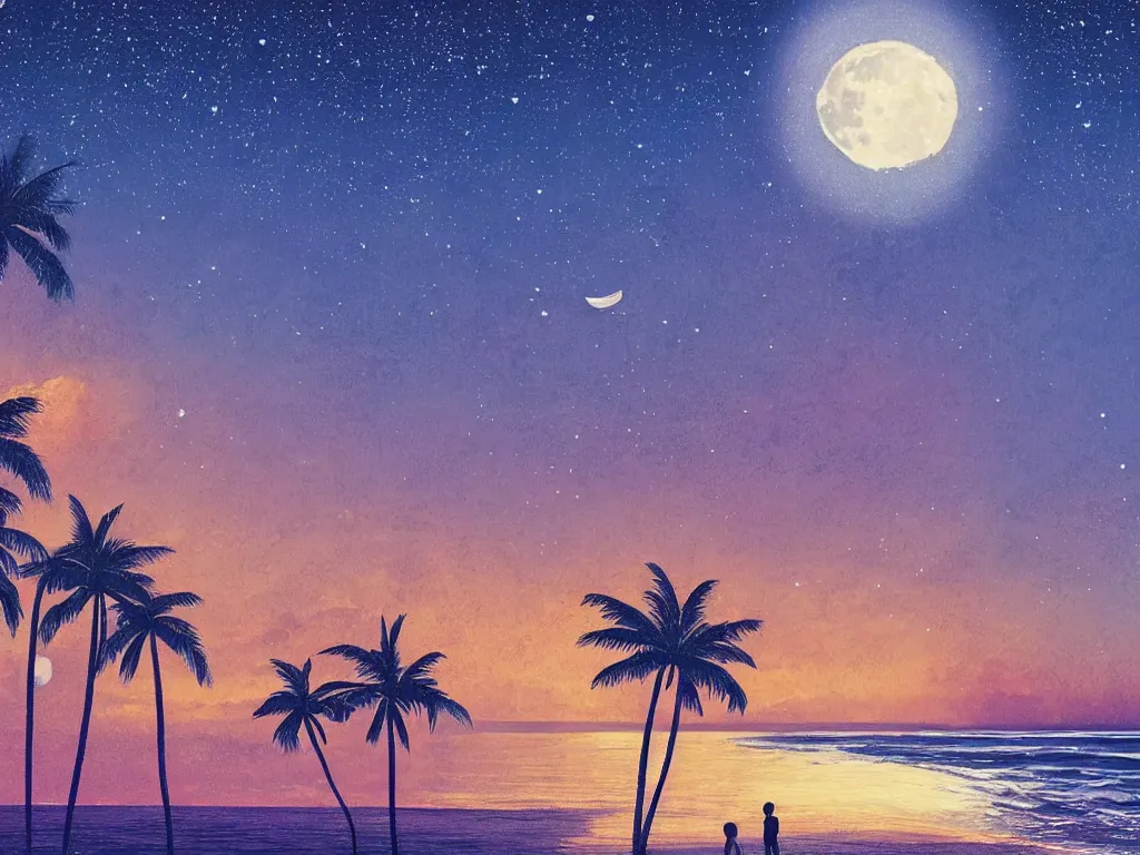 Prompt: night on a summer miami beach, city on the background, palm trees, footprints in the sand, full moon reflected in the calm ocean, starry sky 8 k, ultra detailed, trending on artstation, digital painting, synthwave style