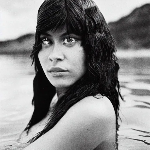 Prompt: clear photo of a beautifu and youngl female native american singer with long dark hair in a pool taken in 1 9 7 6, black and white photography, high quality, 7 0 s style photography, pool