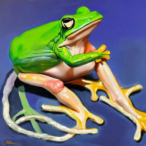 Image similar to Alex Jones with frog legs, painting