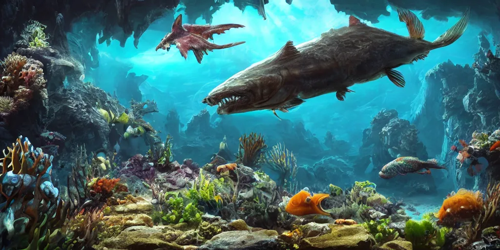 Prompt: underwater enviroment with Lophiiformes creatures, unreal 5, hyperrealistic, realistic, photorealistic, dynamic lighting, highly detailed, cinematic landscape, studio landscape, studio lighting