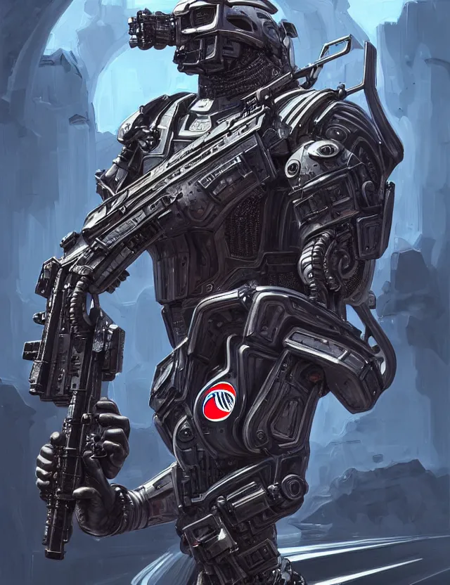 Image similar to a portrait of a tactical exoskeleton with miniguns painted with the pepsi logo, by moebius and tyler edlin and hr giger, trending on artstation, digital art, 4 k resolution, detailed, high quality, sharp focus, hq artwork, coherent, insane detail, concept art