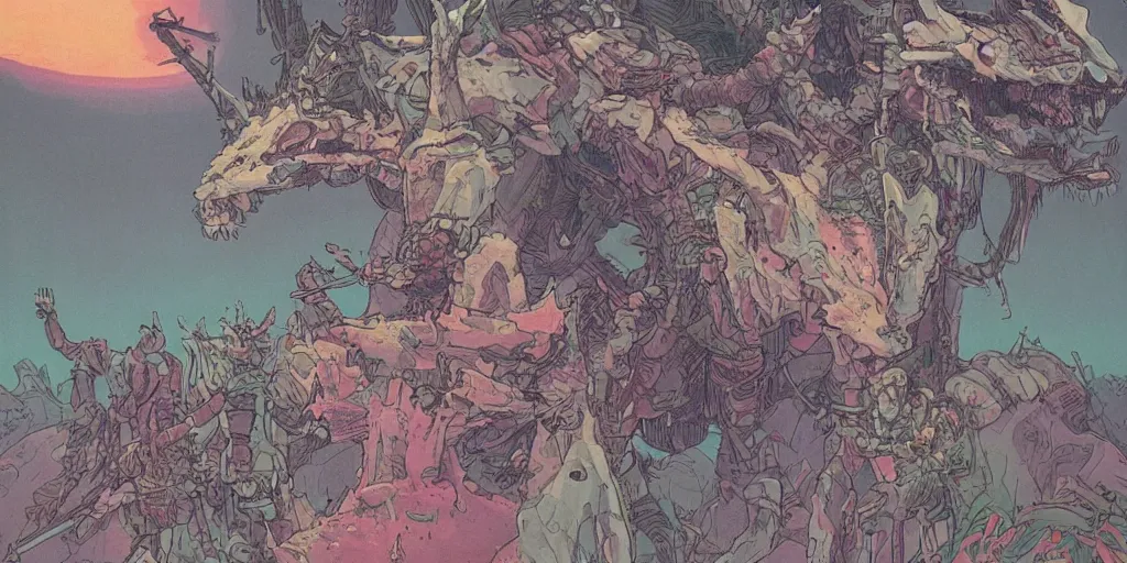 Image similar to a close - up grainy risograph, pastel colors painting of a scene from the horizon zero dawn, machine monsters by moebius and kim jung gi