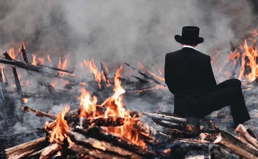 Image similar to a man wearing a tuxedo sitting in the middle of a bonfire