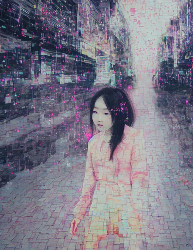Prompt: dressed korean girl walking the street, redshift, wide high angle view, coloured polaroid photograph with flash, kodak film, hyper real, stunning moody cinematography, anamorphic lenses, by maripol, fallen angels by wong kar - wai, style of suspiria and neon demon and bahnhof zoo, detailed, oil on canvas, glitch datamosh