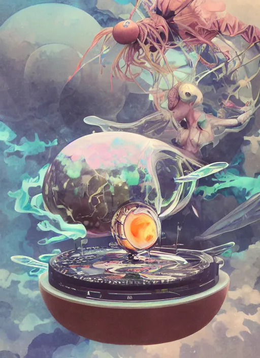 Image similar to surreal gouache painting, by yoshitaka amano, by ruan jia, by Conrad roset, by good smile company, detailed anime 3d render of transparent resin egg with a magical dragonfly inside. Surrounded by a big DJ Mixer, deck, portrait, cgsociety, artstation, rococo mechanical and Digital and electronic, dieselpunk atmosphere