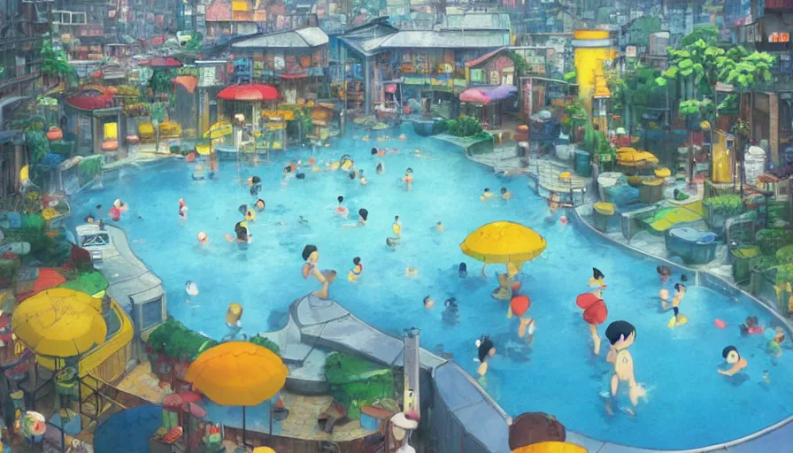 Prompt: Busytown swimming pool, optimistic colors, fun, moody, city background, by studio ghibli and greg rutkowski