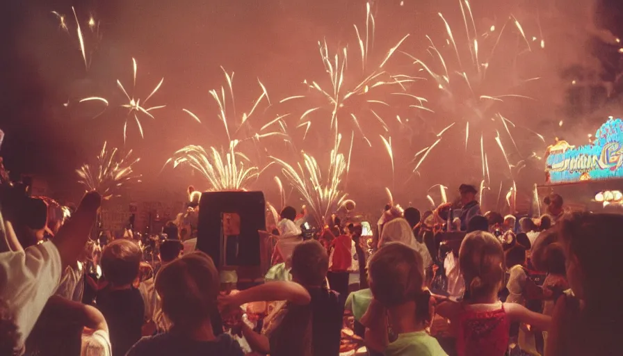 Prompt: 1990s candid 35mm photo of a beautiful day in the living room, cinematic lighting, cinematic look, golden hour, a miniature amusement park in the living room is setting off fireworks, kids dance and point at the fire works, small mascots run around the room, UHD