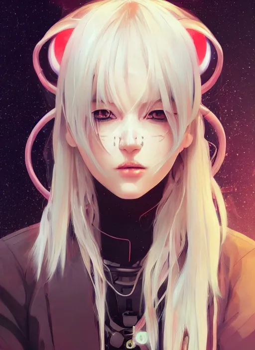 Image similar to portrait Anime girl cyberpunk, cute-fine-face, white-hair pretty face, realistic shaded Perfect face, fine details. Anime, cyberpunk. realistic shaded lighting by Ilya Kuvshinov and Gustav Klimt