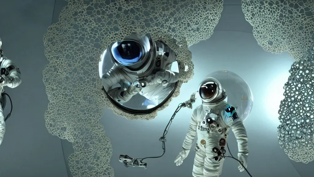 Image similar to a cybernetic symbiosis of a single astronaut eva suit infected with diamond 3d fractal lace iridescent bubble 3d skin covered with insectoid compound eye camera lenses floats through the living room, film still from the movie directed by Denis Villeneuve with art direction by Salvador Dalí, wide lens,