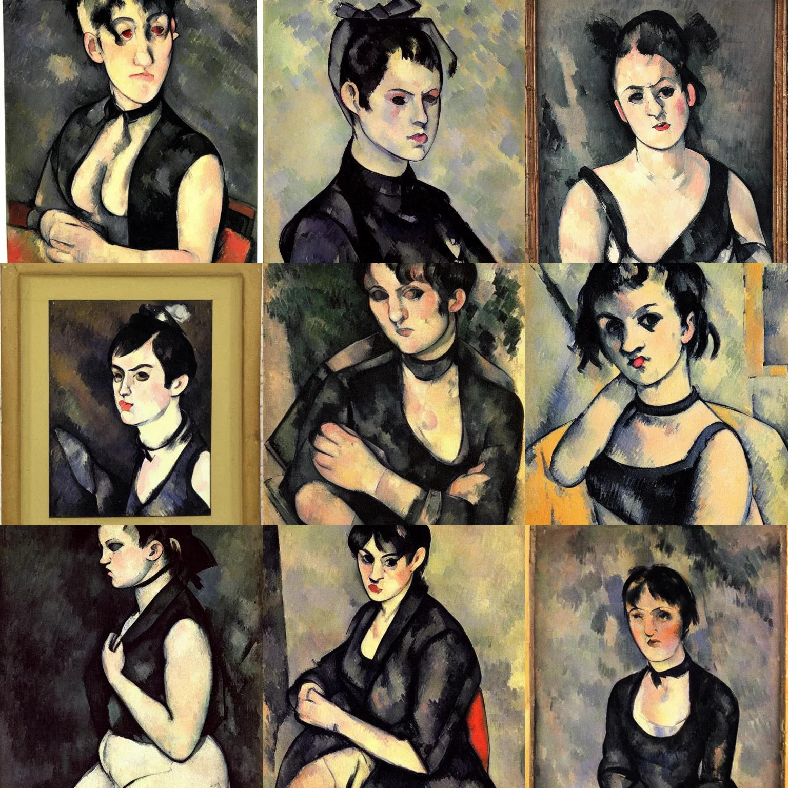 Prompt: A goth portrait painted by Paul Cezanne. Her hair is dark brown and cut into a short, messy pixie cut. She has a slightly rounded face, with a pointed chin, large entirely-black eyes, and a small nose. She is wearing a black tank top, a black leather jacket, a black knee-length skirt, a black choker, and black leather boots.