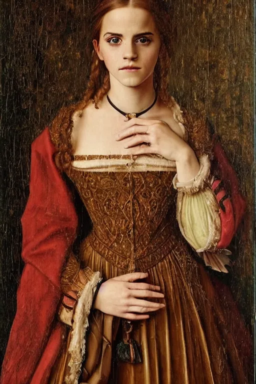 Image similar to stunning portrait of emma watson, oil painting by jan van eyck, northern renaissance art, oil on canvas, wet - on - wet technique, realistic, expressive emotions, detailed textures, illusionistic detail