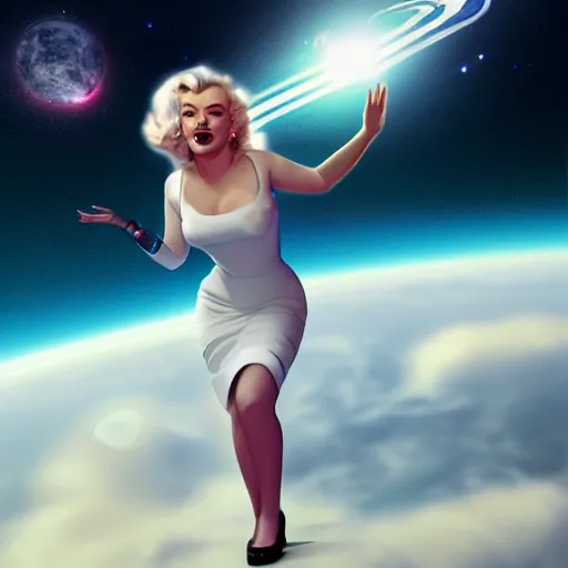 Image similar to surreal marilyn monroe in space, hands around, starship, octane render, trending on artstation, greg rutkowski, cinematic, hyper realism, high detail, octane render, 8k, iridescent accents