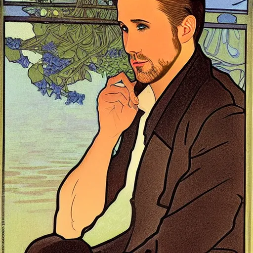 Image similar to A delicate painting of Ryan Gosling in Drive 2011 sitting at a pond, by Alphonse Mucha, art nouveau, detailed, elegant