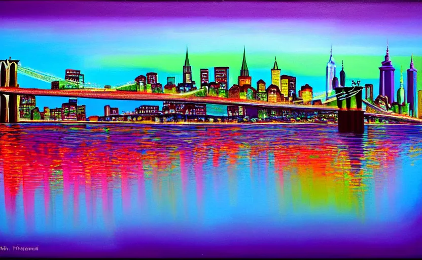 Prompt: a surreal colourful painting of brooklyn bridge on top of kremlin