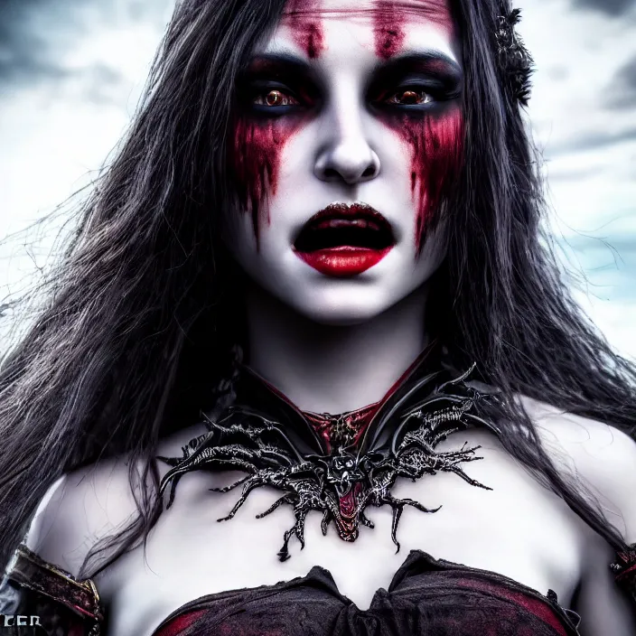 Image similar to photo of a very beautiful!! vampire warrior queen, highly detailed, 4 k, hdr, smooth, sharp focus, high resolution, award - winning photo