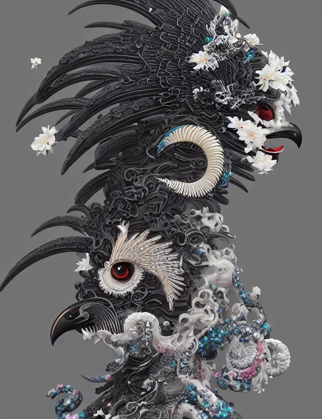 Image similar to 3 d goddess close - up profile portrait ram skull. beautiful intricately detailed japanese crow kitsune mask and clasical japanese kimono. betta fish, jellyfish phoenix, bio luminescent, plasma, ice, water, wind, creature, artwork by tooth wu and wlop and beeple and greg rutkowski