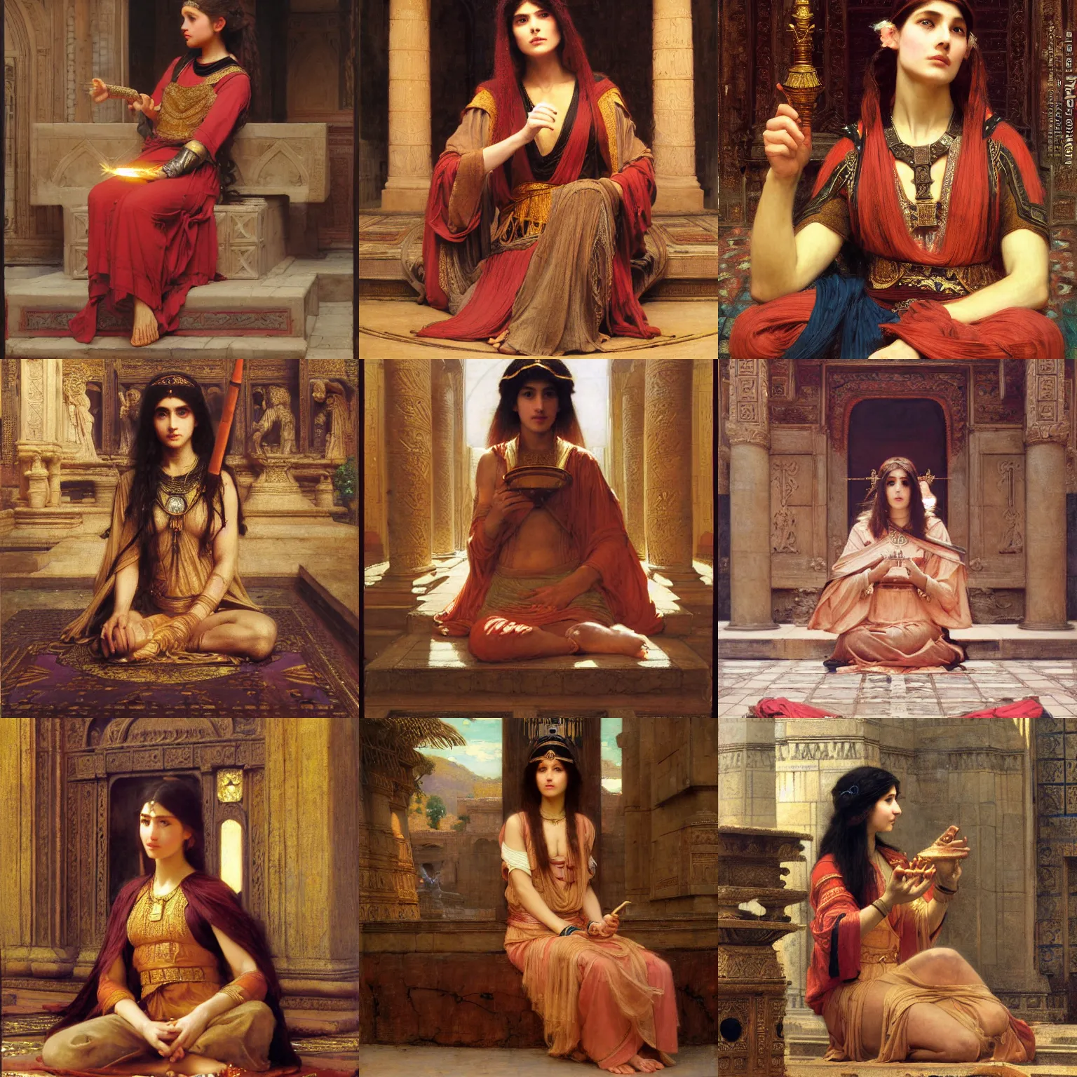 Prompt: orientalist portrait of a female mage casting a glowing magic spell while sitting cross-legged in a sandstone temple intricate portrait by john william waterhouse and Edwin Longsden Long and Theodore Ralli and Henryk Siemiradzki, very coherent symmetrical artwork. Cinematic, hyper realism, high detail 8k