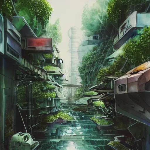 Prompt: Narrow cosy waterway in beautiful overgrown futuristic sci-fi city in harmony with nature. Nice colour scheme, soft warm colour. Beautiful detailed watercolor by Lurid. (2022)