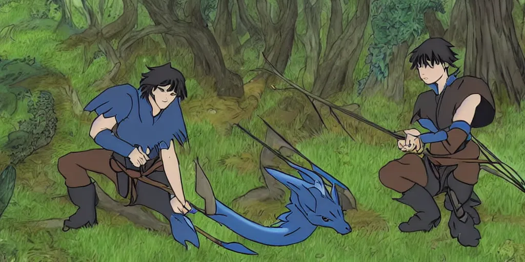 Image similar to Eragon is hunting with his bow in the forest, he finds a blue dragon egg, anime style