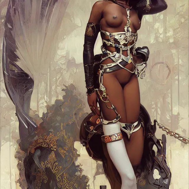 Image similar to african domme mistress, dominatrix full body, dominatrix, tribal, smooth white tight clothes suit, ornate, very beautiful, concept art, realistic painting, androgynous, afrofuturism, cgsociety, digital art by greg rutkowski, by alphonse mucha