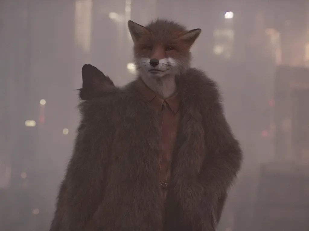 Image similar to anthro fox furry in Blade Runner: 2049, wearing a leather uniform, city streets, fursona, anthropomorphic, furry fandom, film still