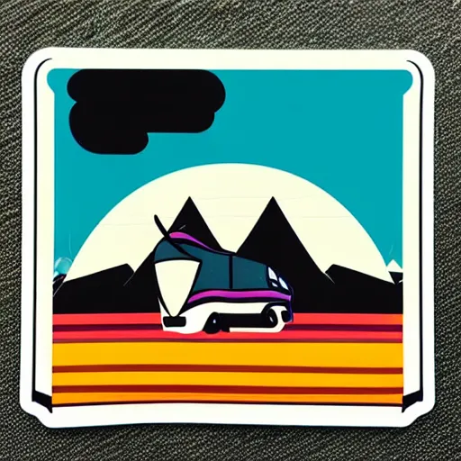 Image similar to sticker of a white and black cute thor chateau! motorhome camper!!, mountains, colorful sunset!!, thick lines, very minimal art, sticker!! by tom whalen
