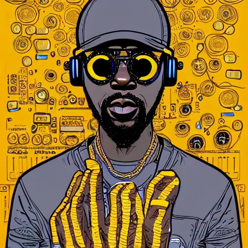 Prompt: intricate detailed artwork of a futuristic dj black coffee at an underground warehouse rave in the style of Geof Darrow, bald head, sunglasses, beard, wires, speakers, neon