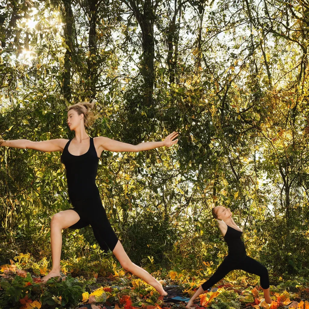 Prompt: Amber heard in yoga pose in his garden, sunlights in autumn afternoon, some vegetation and trees in background, photorealism, 35 mm lens photo shot