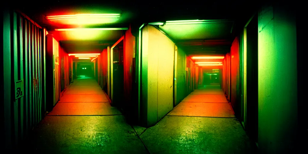 Prompt: hallway portal at the end of a tokyo alley, neon lights, dirty, ektachrome photograph, volumetric lighting, f 8 aperture, cinematic eastman 5 3 8 4 film