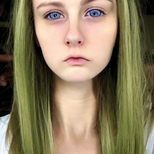 Image similar to brunette with dyed blonde hair, 20 years old, 160 cm tall, long flat hair, blonde, green eyes, small nose, small mouth, round shaped face, big forehead, lop eared, full body shot, thin eyebrows, small jaw, real life photograph