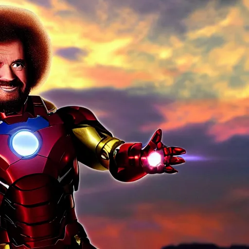 Image similar to a still of Bob Ross as Ironman. Magic Hour. Professional photography, 4K. Mood