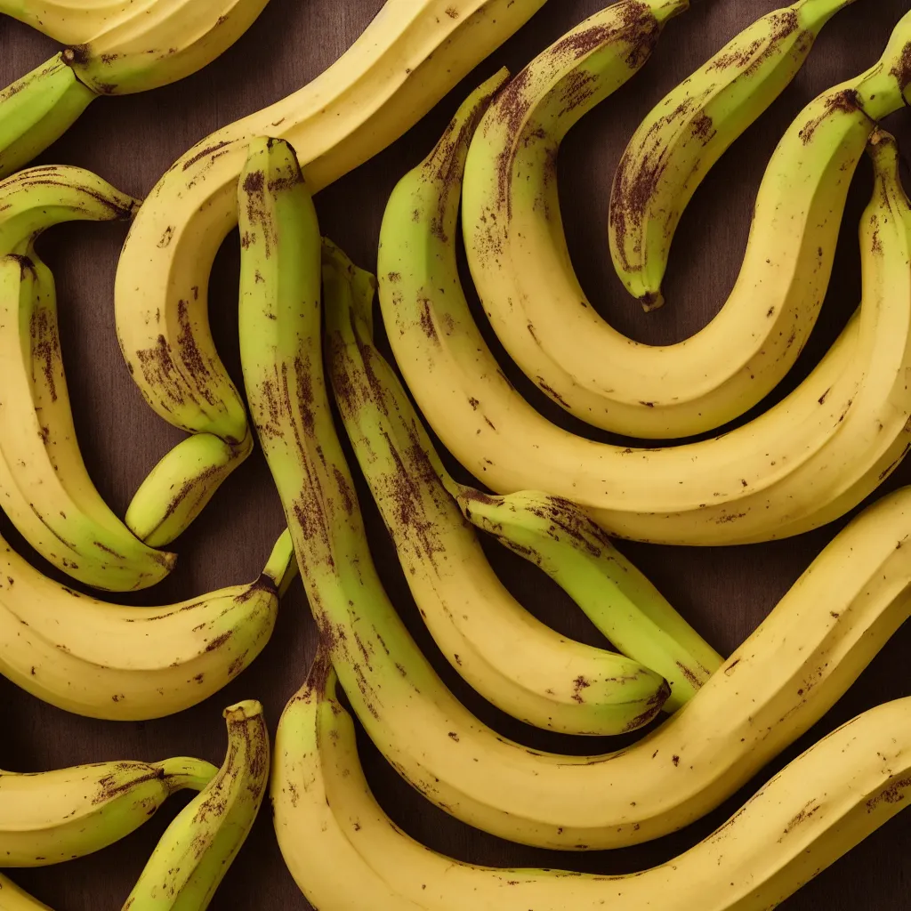 Prompt: circular loop fractal bananas that grow like a banana coral, banana stems, roots. closeup, hyper real, food photography, high quality