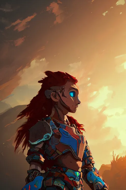 Image similar to combination suit armor aloy horizon forbidden west horizon zero dawn radiating a glowing aura global illumination ray tracing hdr fanart arstation by ian pesty and alena aenami artworks in 4 k tribal robot ninja mask helmet backpack