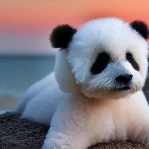 Image similar to a closeup photorealistic photograph of panda themed white bichon frise smiling on the beach at sunset. This 4K HD image is Trending on Artstation, featured on Behance, well-rendered, extra crisp, features intricate detail and the style of Unreal Engine.