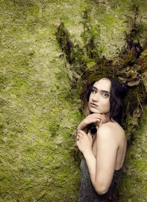 Prompt: a photo of a female model, organic headpiece, fern, vines, horn, moss, fashion photography, realistic, hyperdetails, dark grey backdrop studio, body covered in moss and tree bark texture