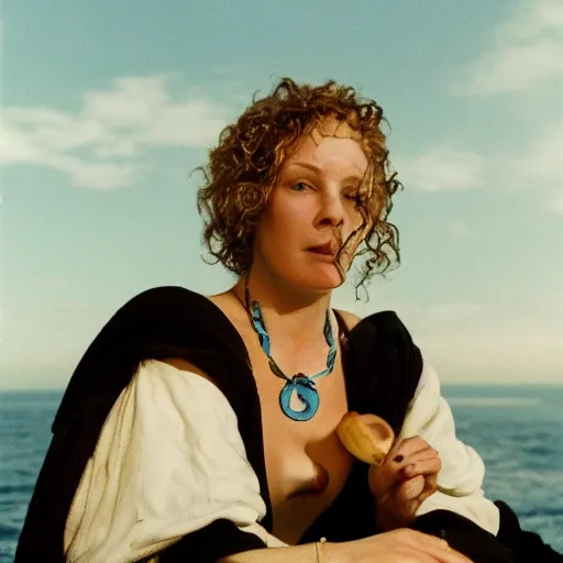 Prompt: a woman curled up in a ball on the deck of a ship, a beautiful english woman with a long face narrow nose pale skin blue eyes red lips and wild messy tangles of curly white blonde hair, high resolution film still wearing a black robe and skull necklace and holding a spear, sandy, a journey to the west