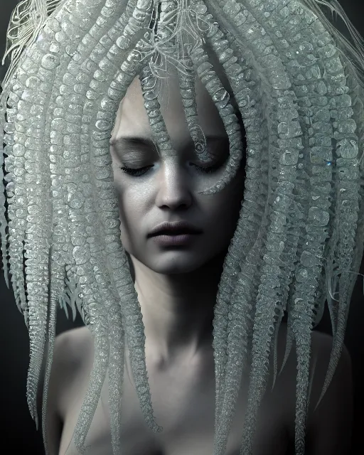 Prompt: surreal mythical dreamy underwater artistic black and white 3 d render of a translucent beautiful young female angelic - medusa - vegetal - doll with her face covered with fish scales, highly detailed, intricate crystal ivy jelly fish scales ornate, poetic, translucent algae ornate, digital art, octane render, 8 k artistic photography, photo - realistic, hg giger flora borsi